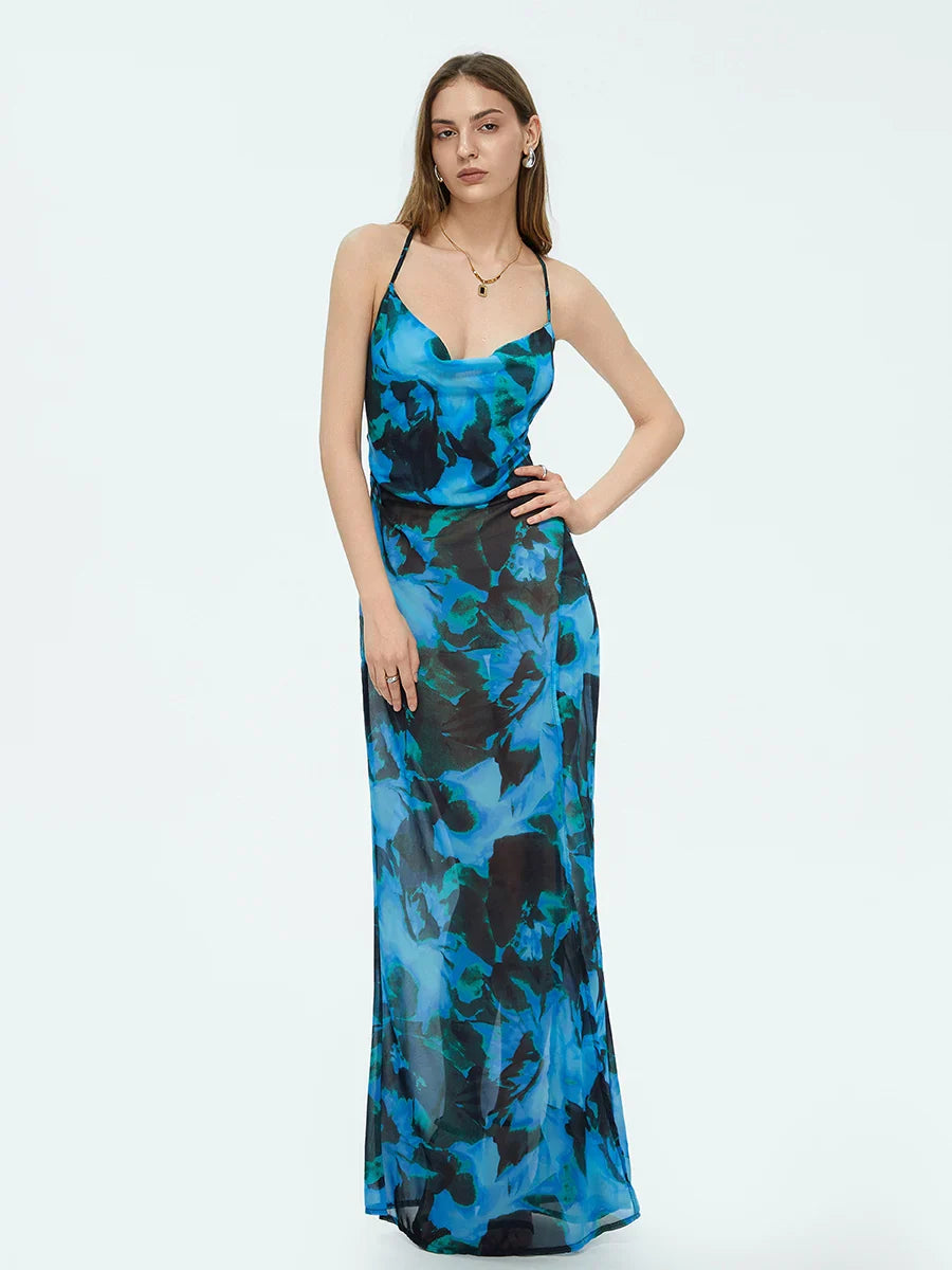 Tie-dyed Suspender Backless Floral Dress