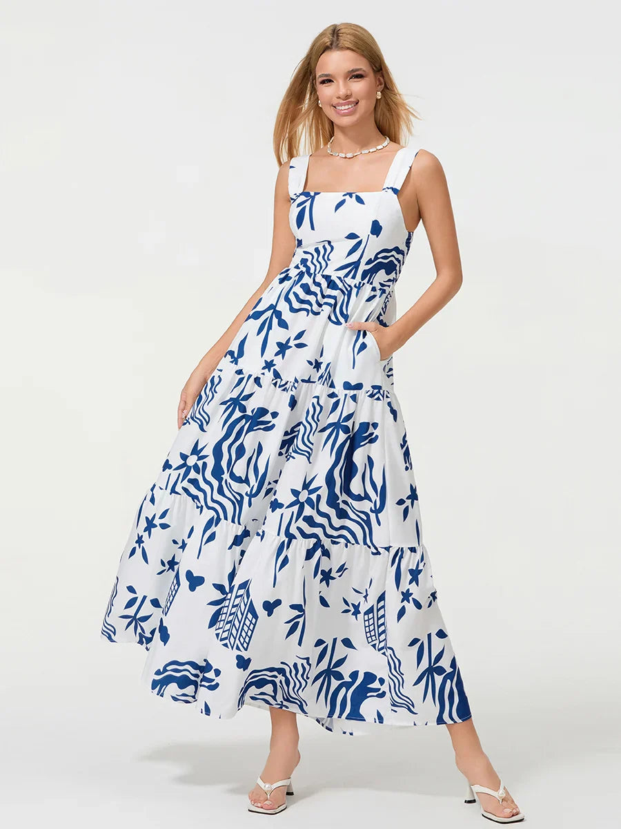 Bohemian Floral Geometric Print Flow Tank Square Neck Sleeveless A-Line Dress