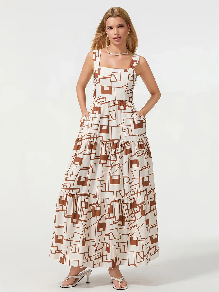 Bohemian Floral Geometric Print Flow Tank Square Neck Sleeveless A-Line Dress