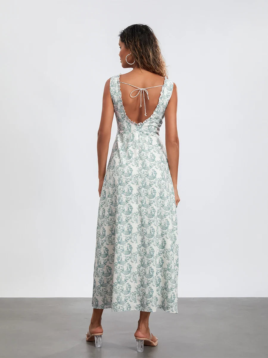 Bohemian Floral Tank Dress Sleeveless Ruffled Tie-up Sweetheart Floral Dress