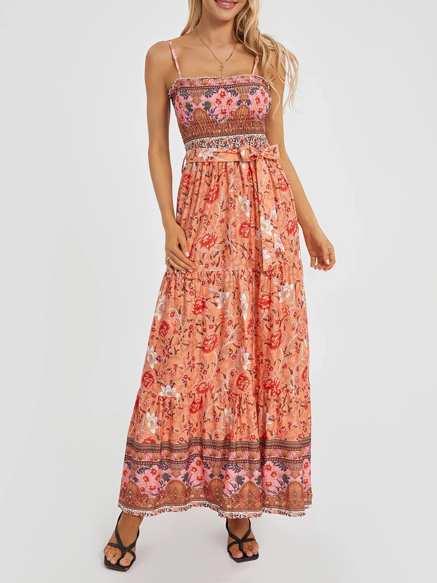 Boho Retro Floral Swing Spaghetti Straps Belted Long Floral Dress