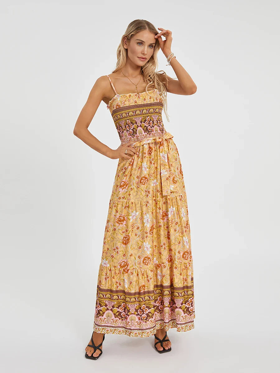 Boho Retro Floral Swing Spaghetti Straps Belted Long Floral Dress