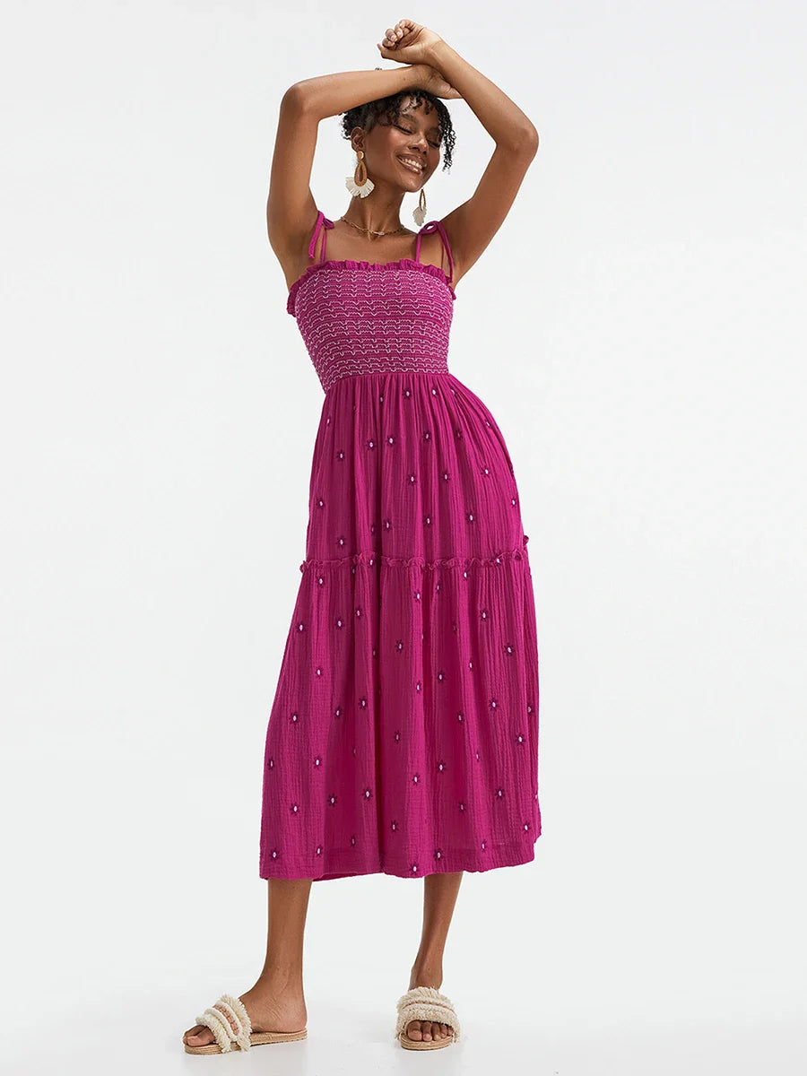 Boho Summer Flower Embroidery Tie-Up Shoulder Shirred A-Line Beach Dress