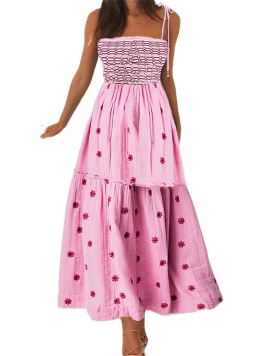 Boho Summer Flower Embroidery Tie-Up Shoulder Shirred A-Line Beach Dress