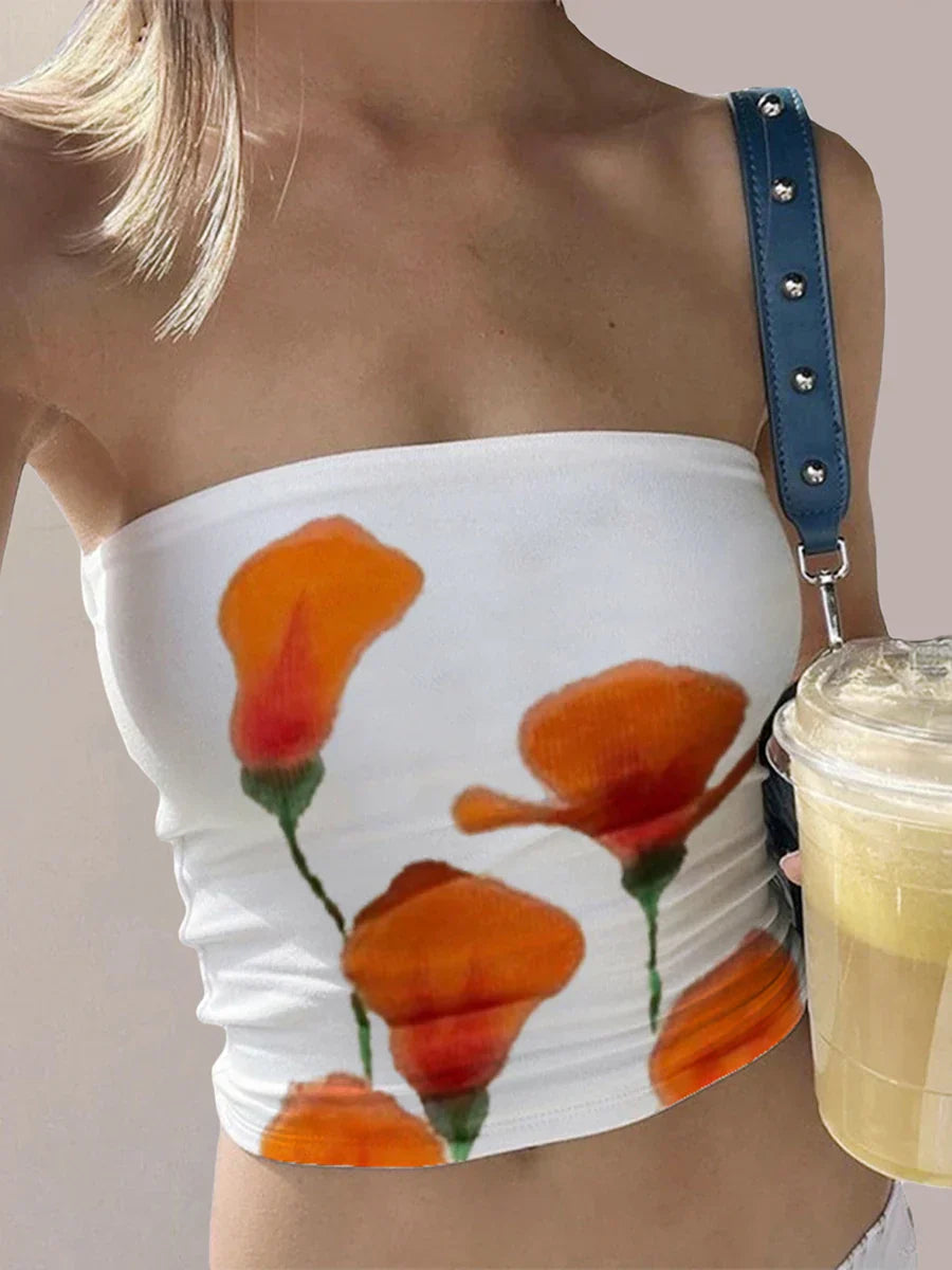 Floral Print Backless Strapless Cropped Bandeau Top