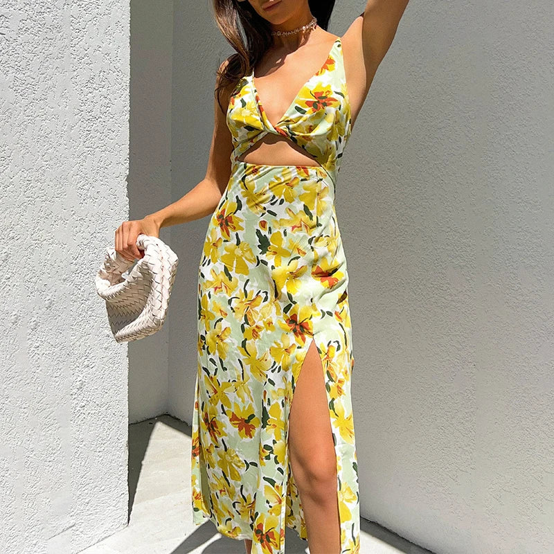 Chic Yellow Flowers Print Twist Knot Cutout Midi Floral Dress