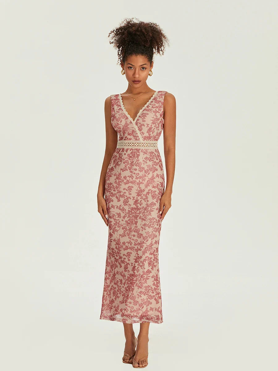 Elegant Floral Fishtail Lace Trim Wrap V-neck Bodycon Floral Dress