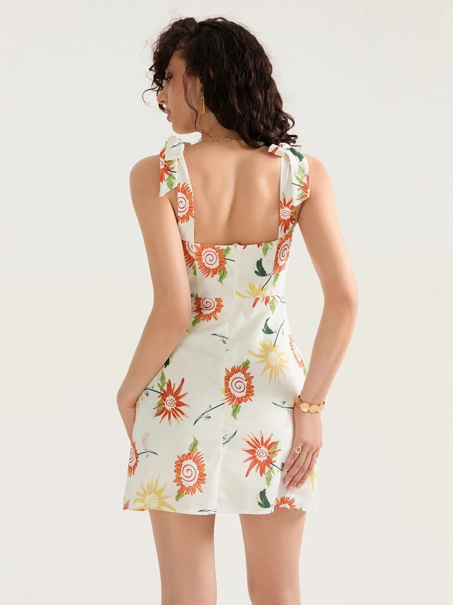 Floral Print Tied Shoulder Backless Sleeveless Mini Vacation Floral Dress