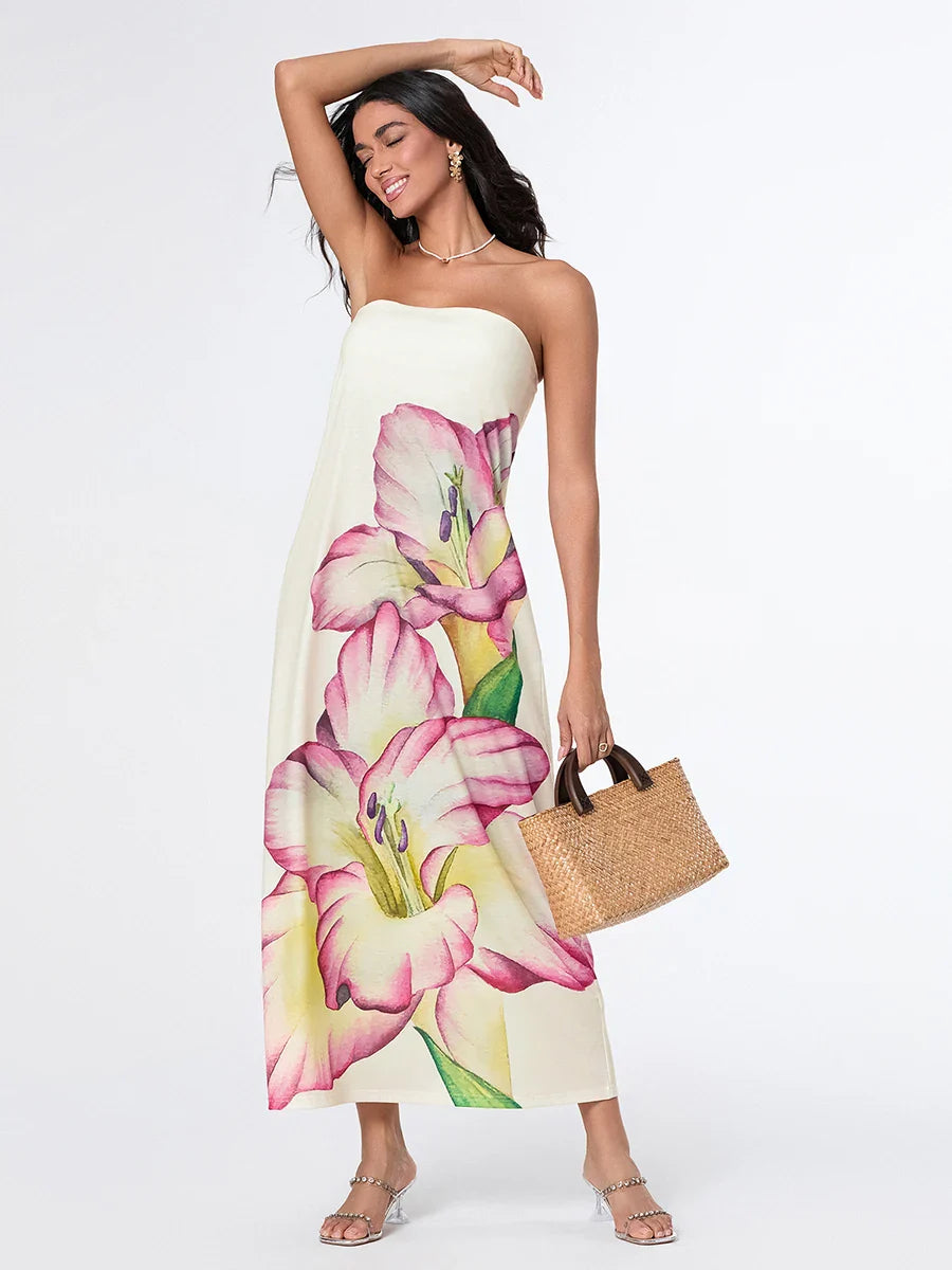 Elegant Floral Strapless Loose Fit Floral Dress
