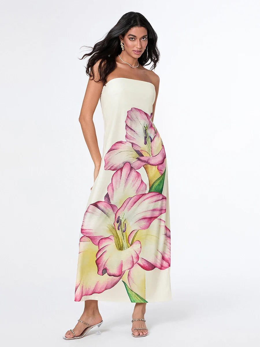 Elegant Floral Strapless Loose Fit Floral Dress