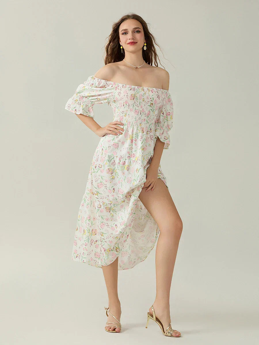 Floral Print Off Shoulder Puff Sleeve Tiered Midi Dress 7