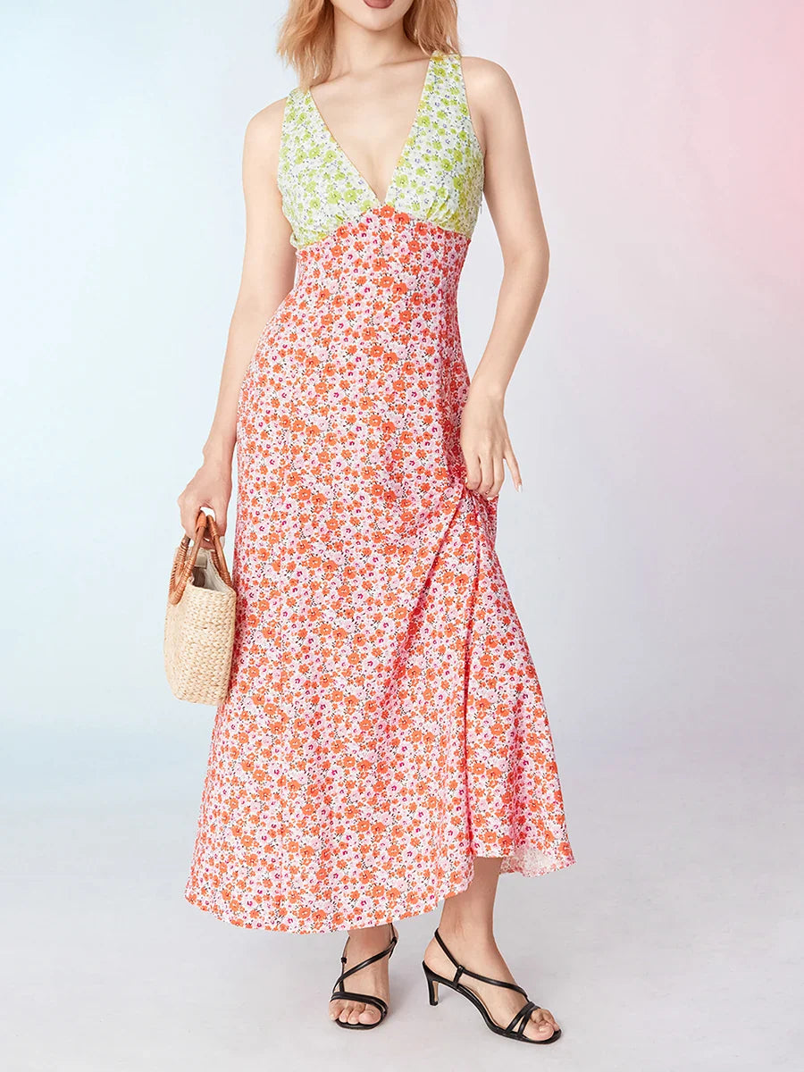 Elegant Patch Color Floral Flowy Backless V-neck Tank Beach Floral Dress
