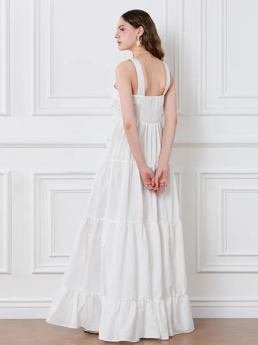 Embroidered Flower Ruched Tiered Slip Floral Dress