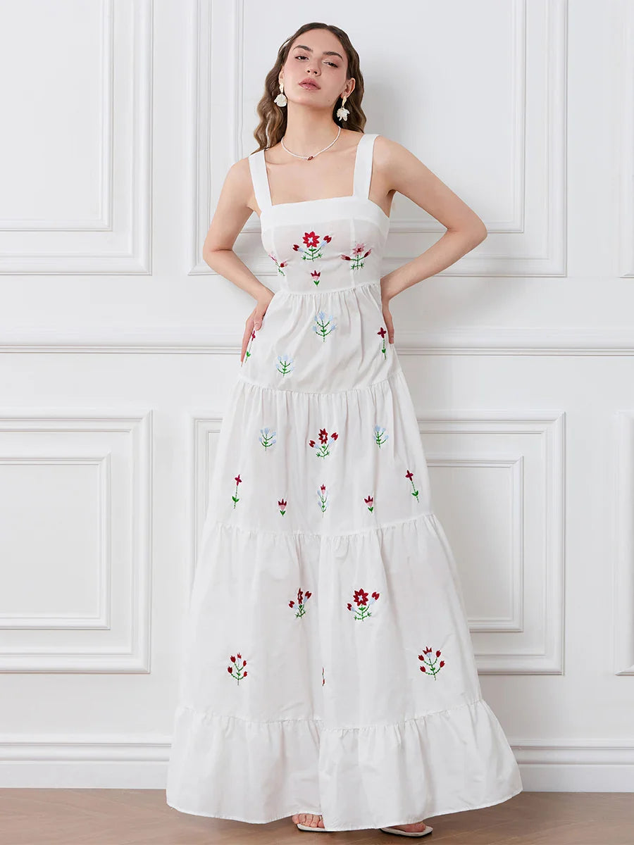 Embroidered Flower Ruched Tiered Slip Floral Dress