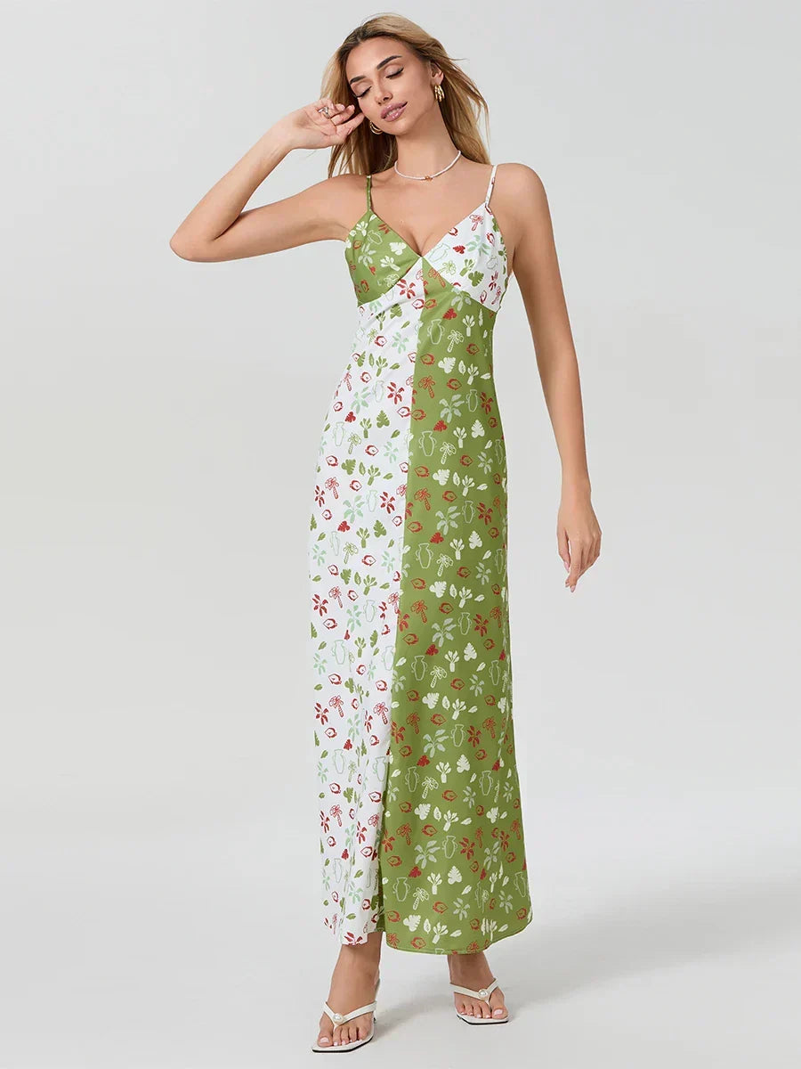 Floral Print V-Neck Spaghetti Strap Satin Maxi Dress