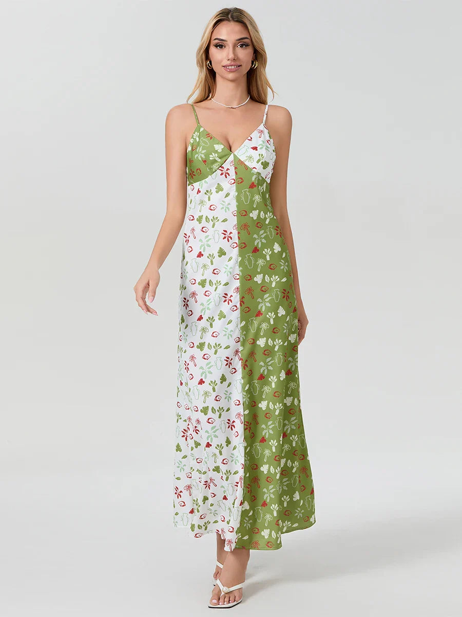 Contrast Color V-neck Spaghetti Strap Slip Floral Dress