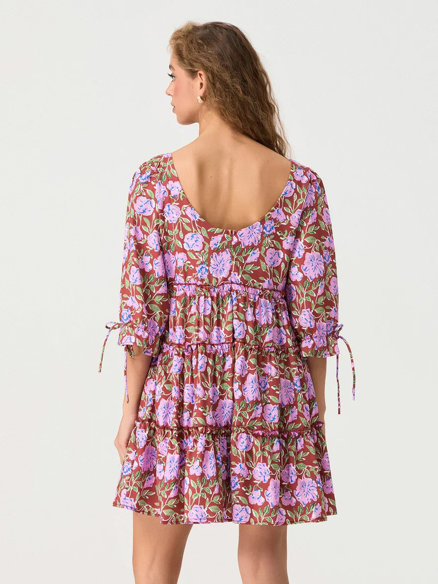 Elbow Puff Sleeve V-Neck Tiered Floral Dress