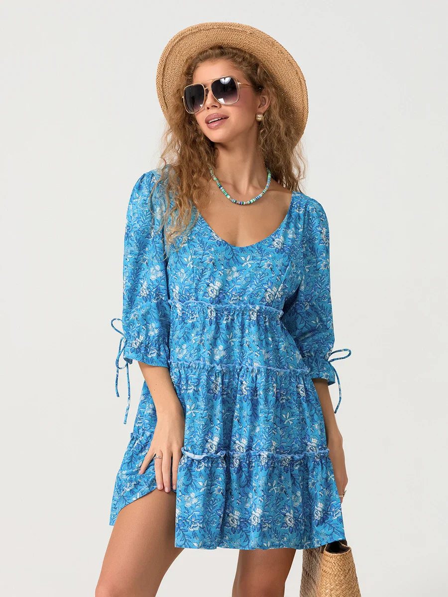 Elbow Puff Sleeve V-Neck Tiered Floral Dress