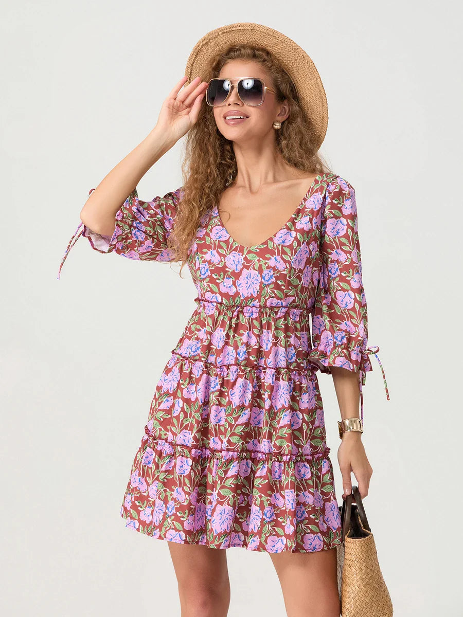 Elbow Puff Sleeve V-Neck Tiered Floral Dress