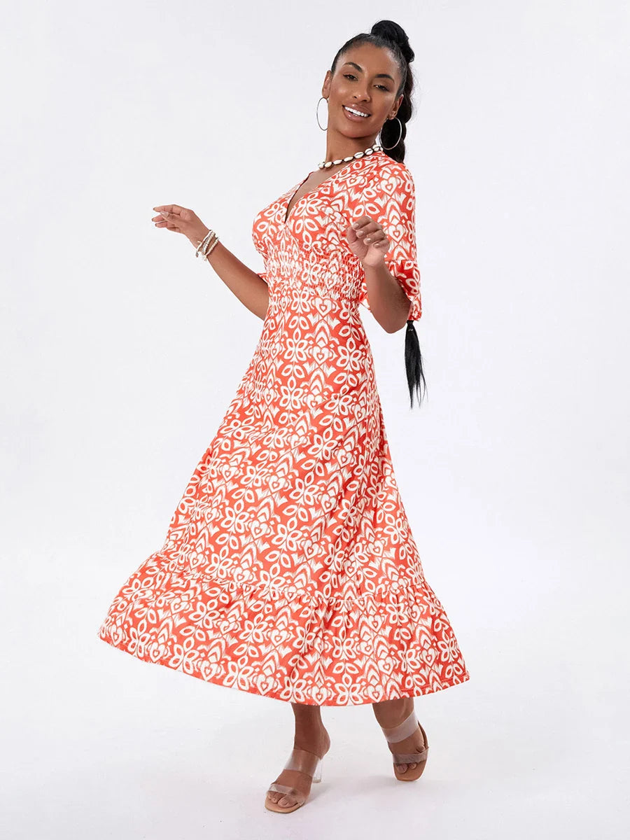 Floral Print Beach Midi Casual Flare Sleeve A-Line Ruffled Floral Dress