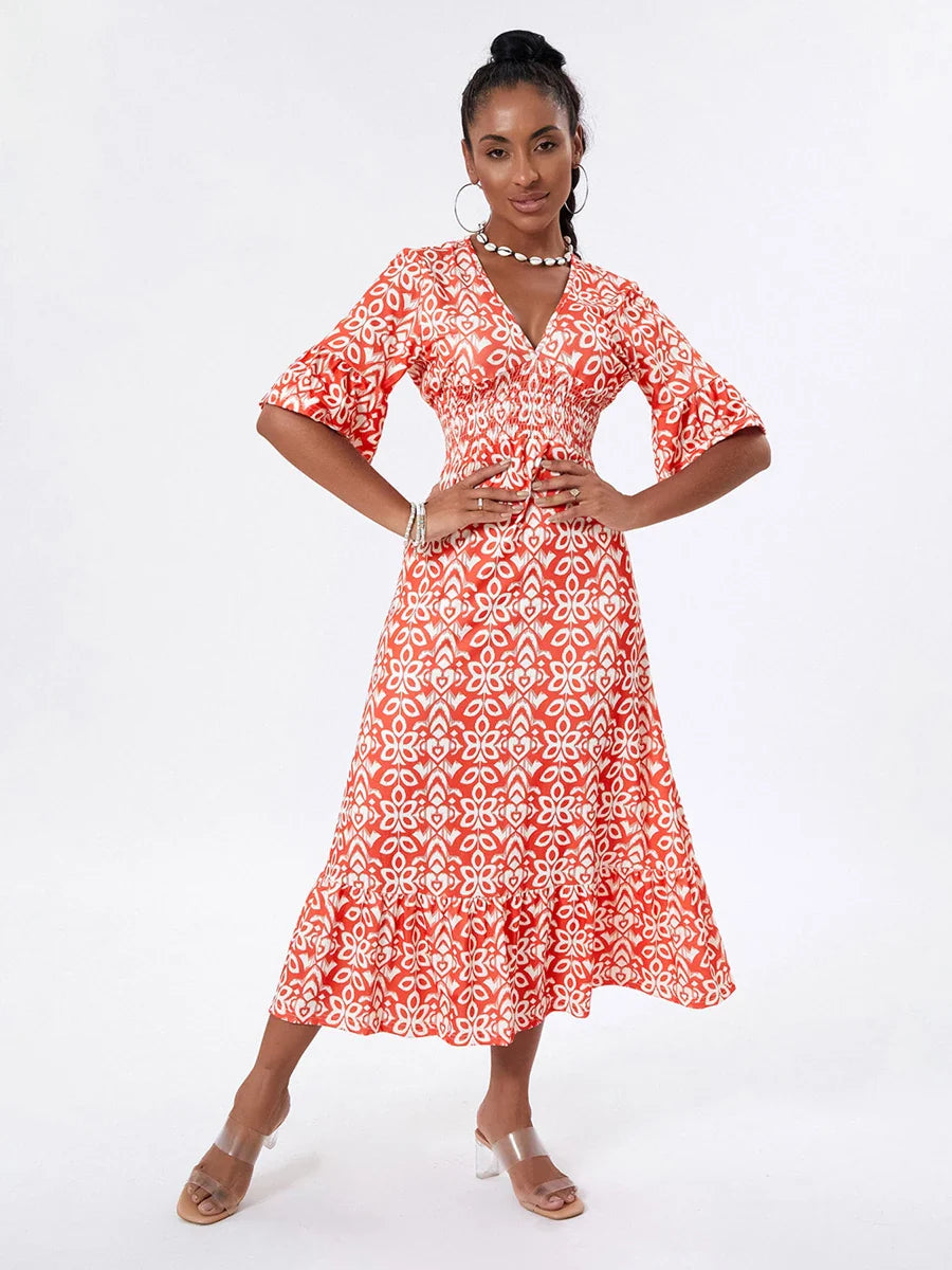 Floral Print Beach Midi Casual Flare Sleeve A-Line Ruffled Floral Dress