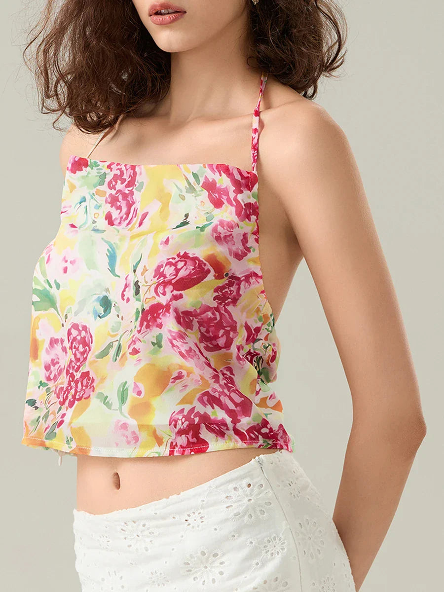Floral Halter Backless Sleeveless Cropped Vest Camisole
