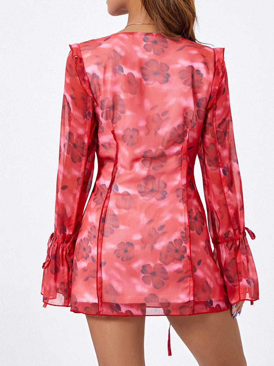 Floral Mesh Mini Dress Elegant Flare Long Sleeve Split Hem Floral Dress