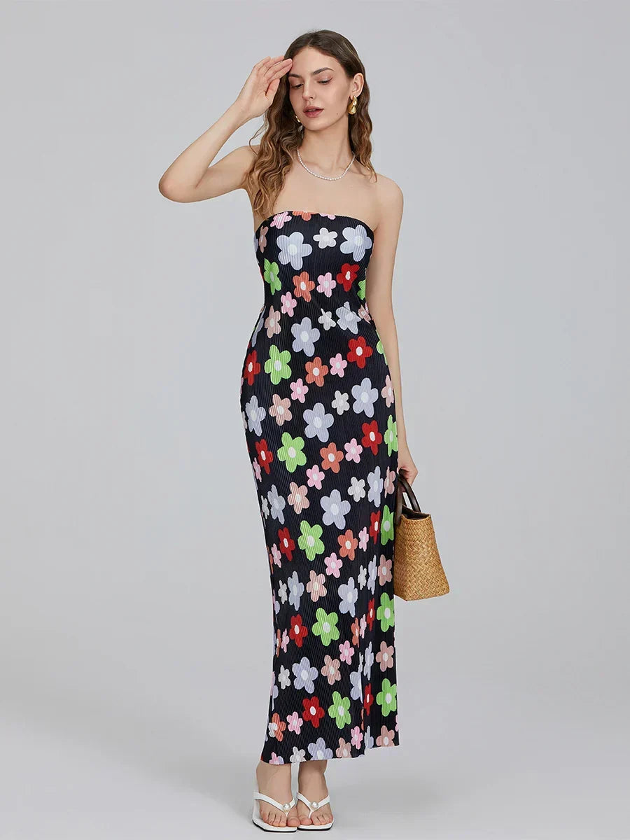 Floral Print Off-Shoulder Bandeau Pleated Tube Top Backless Party Dress