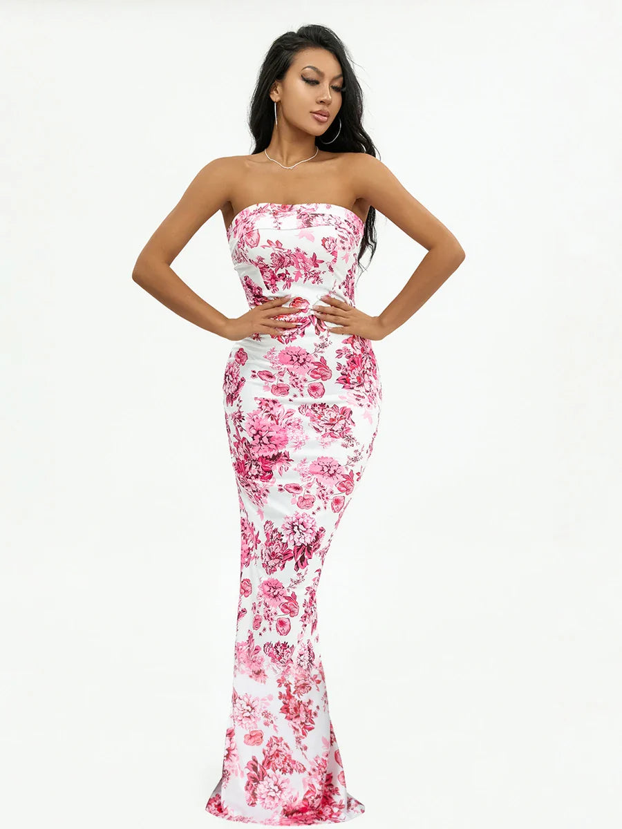 Floral Off-Shoulder Tube Bandeau Slit Bodycon Beach Holiday Floral Dress