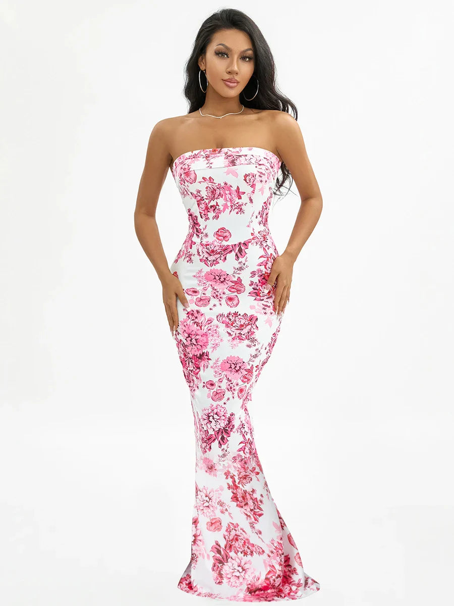 Floral Off-Shoulder Tube Bandeau Slit Bodycon Beach Holiday Floral Dress