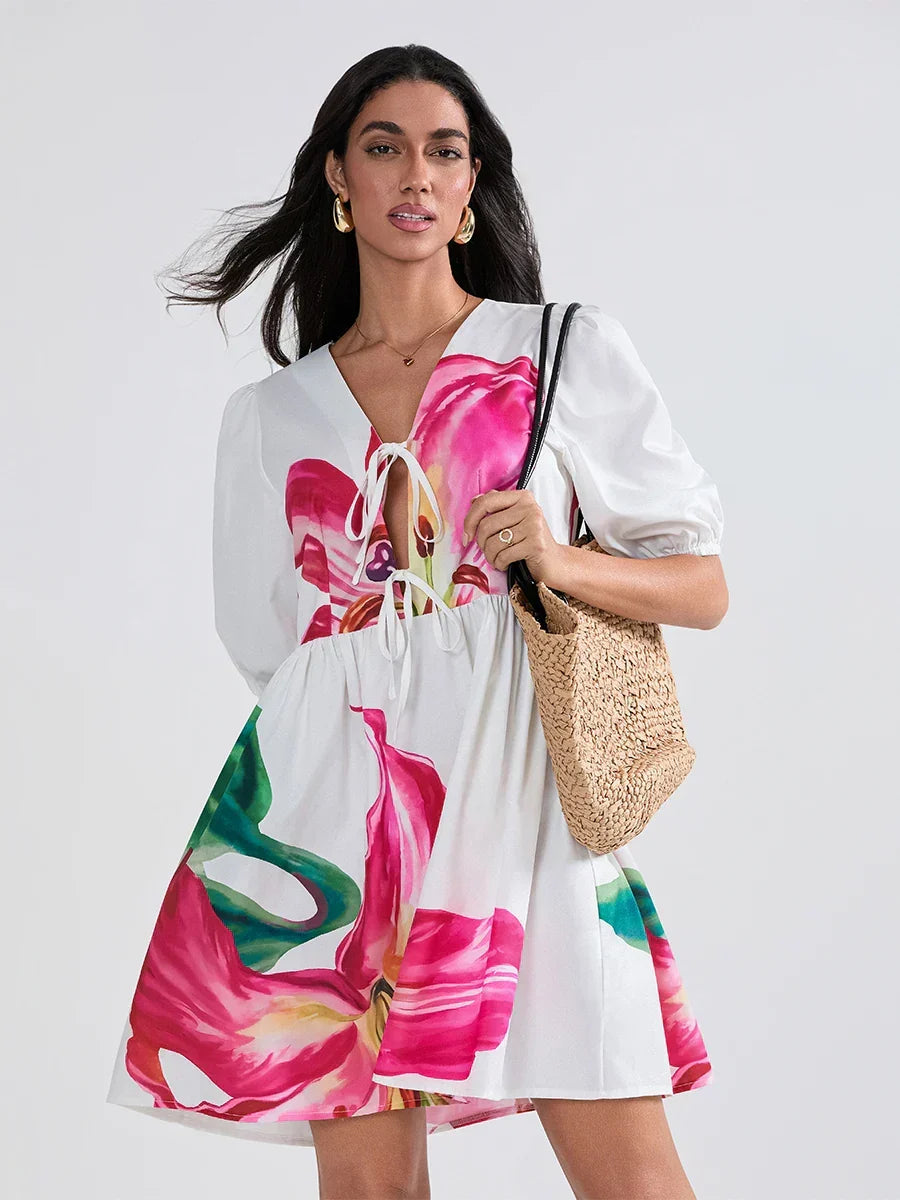 Puff Sleeve Tie-up A-Line Mini Floral Dress WHITE2 / S floraldress-250126