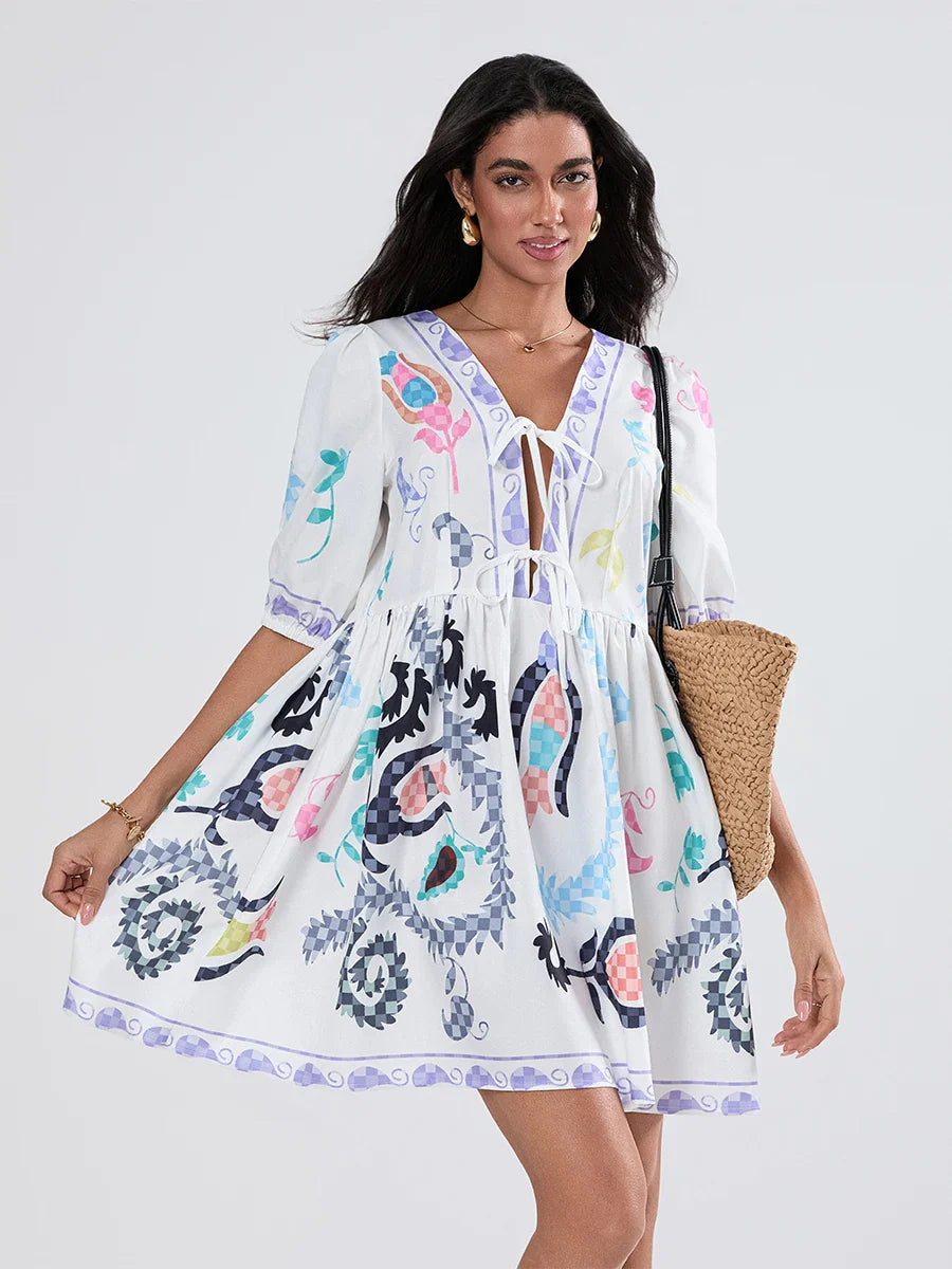 Puff Sleeve Tie-up A-Line Mini Floral Dress