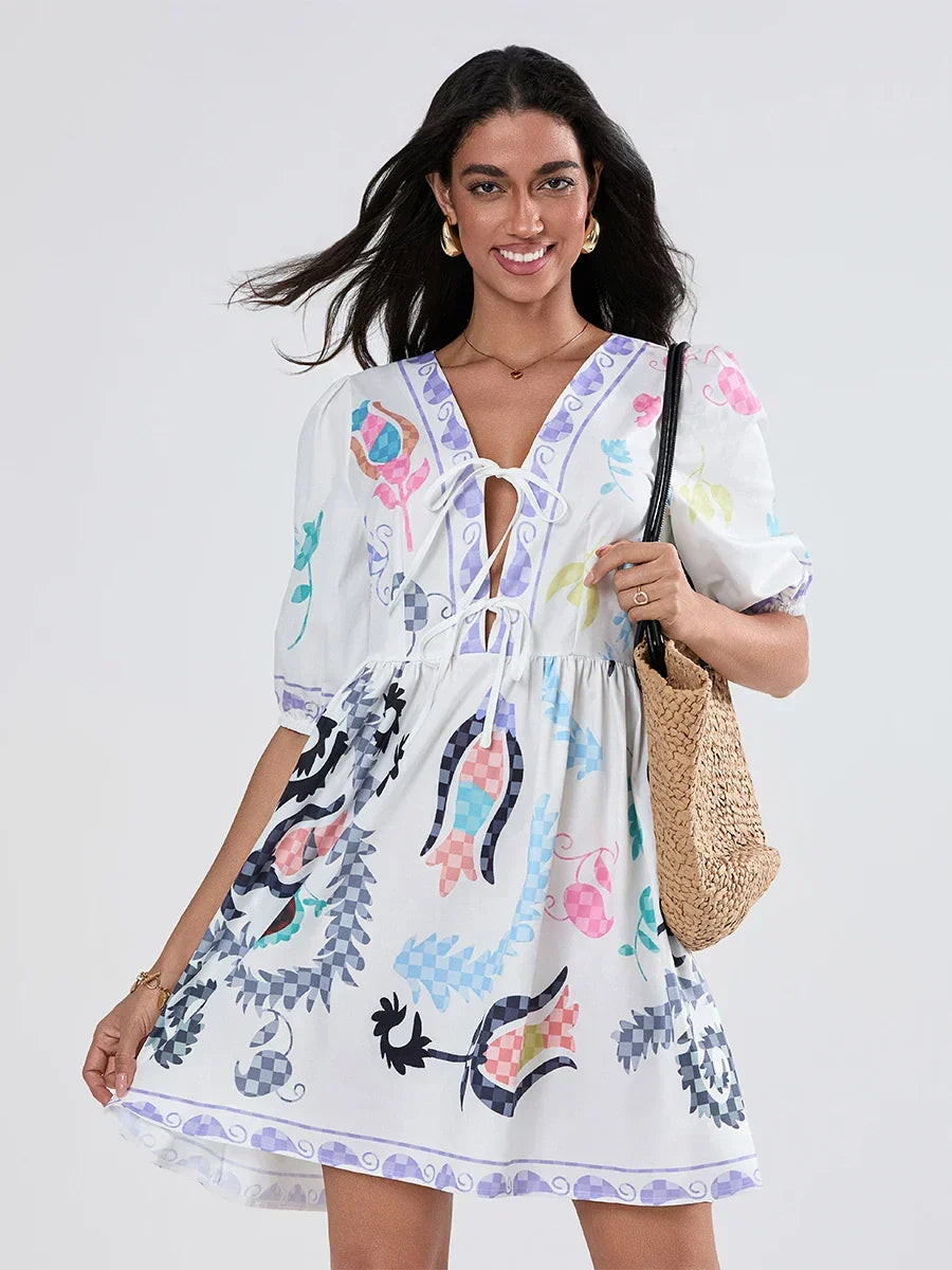 Floral Print V-Neck Puff Sleeve Tie Front Mini Dress