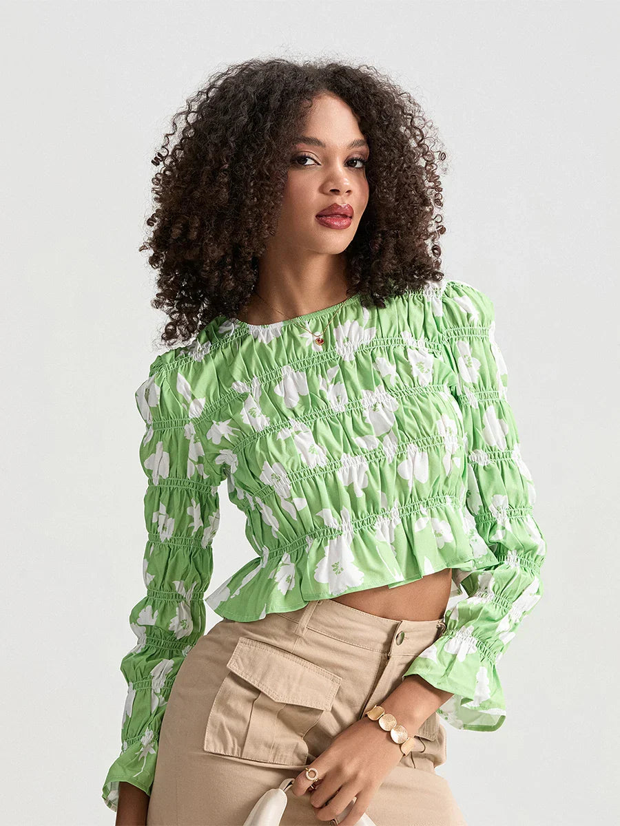 Floral Ruched Boat Neck Long Sleeve Crop T-shirt - Fashionpara