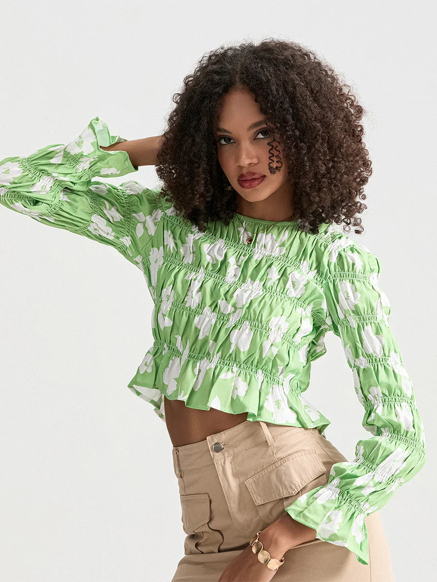 Floral Ruched Boat Neck Long Sleeve Crop T-shirt - Fashionpara