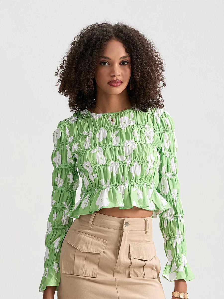 Floral Ruched Boat Neck Long Sleeve Crop T-shirt - Fashionpara