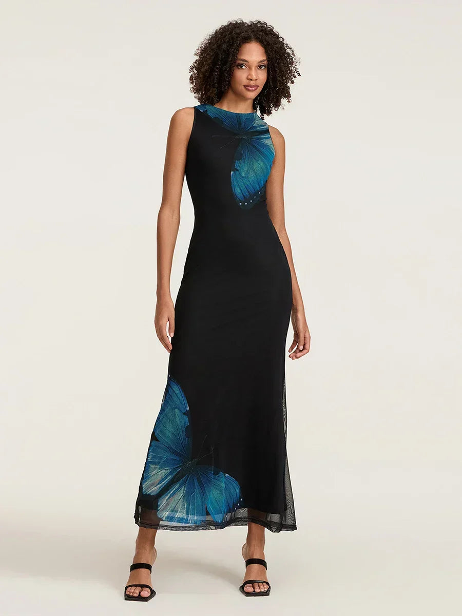 Butterfly Print Sleeveless Bodycon Maxi Dress 5