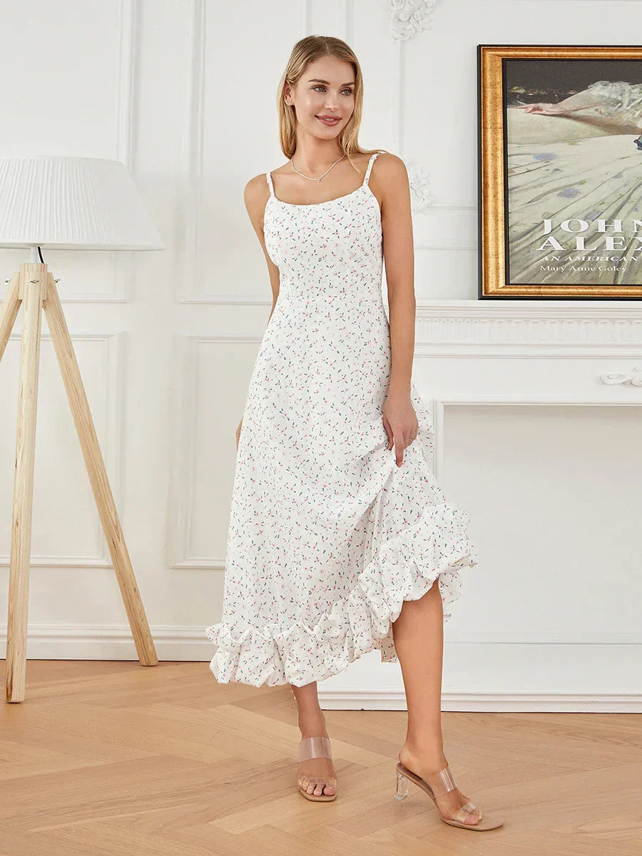 Ditsy Floral Square Neck Sleeveless Ruffle Hem Maxi Dress
