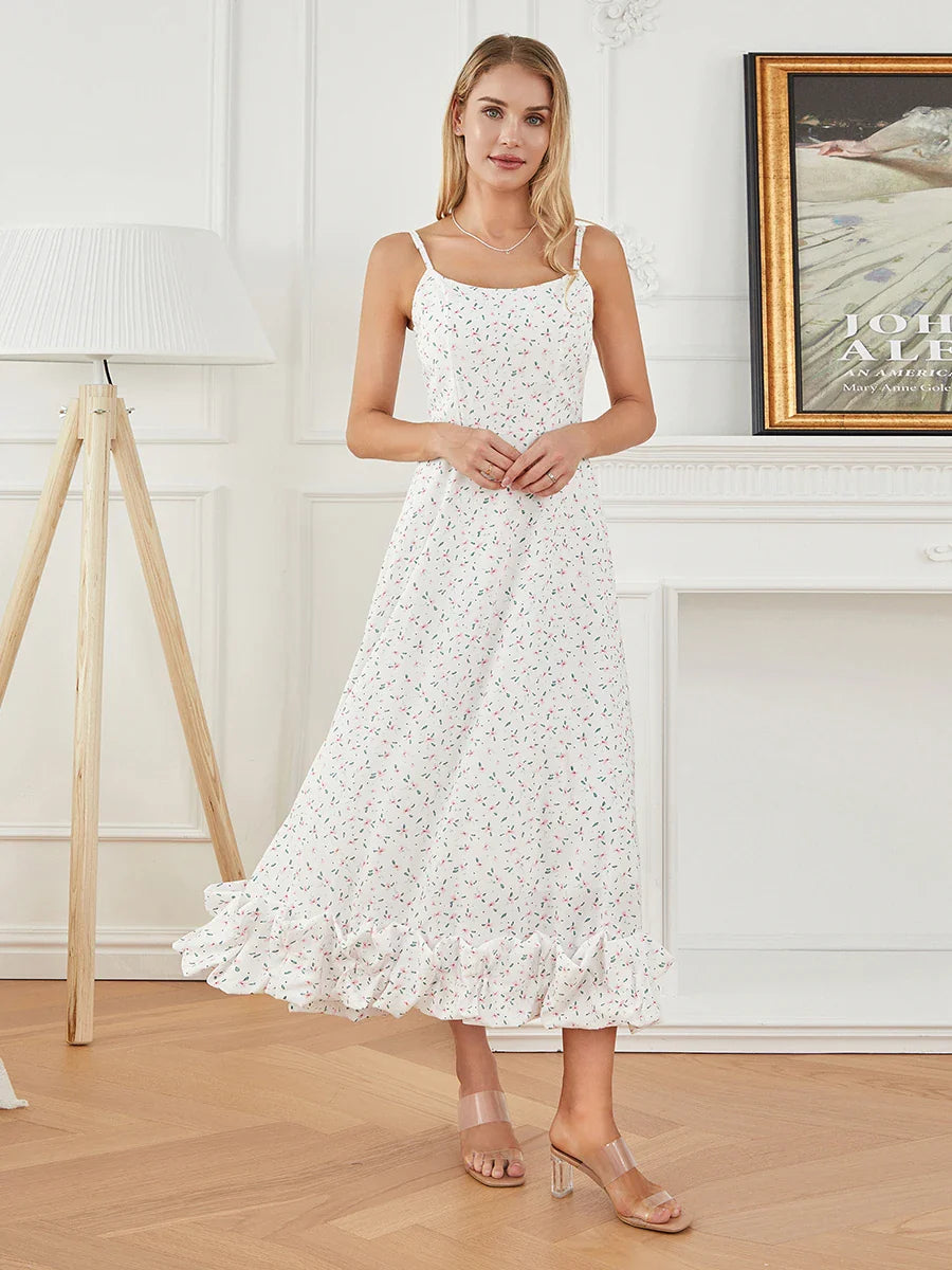 Spaghetti Strap Ruffled Long Sweet Sling Bubble Hem A-line Floral Dress