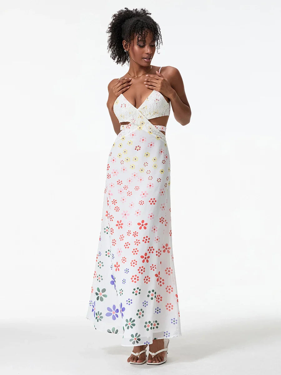 Spaghetti Straps Elegant Backless Bow Cross Floral Dress