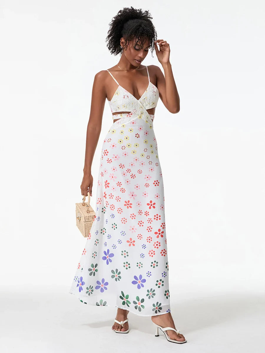 Spaghetti Straps Elegant Backless Bow Cross Floral Dress