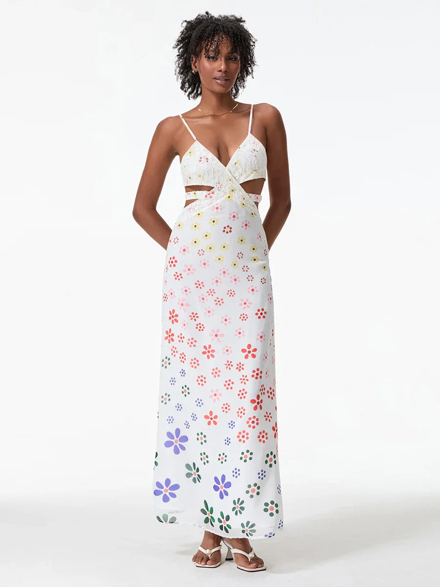 Spaghetti Straps Elegant Backless Bow Cross Floral Dress