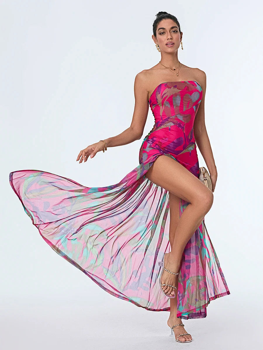 Strapless High Slit Mesh Hem Floral Dress