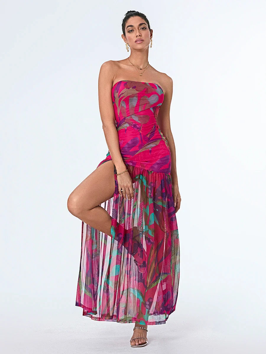 Strapless High Slit Mesh Hem Floral Dress
