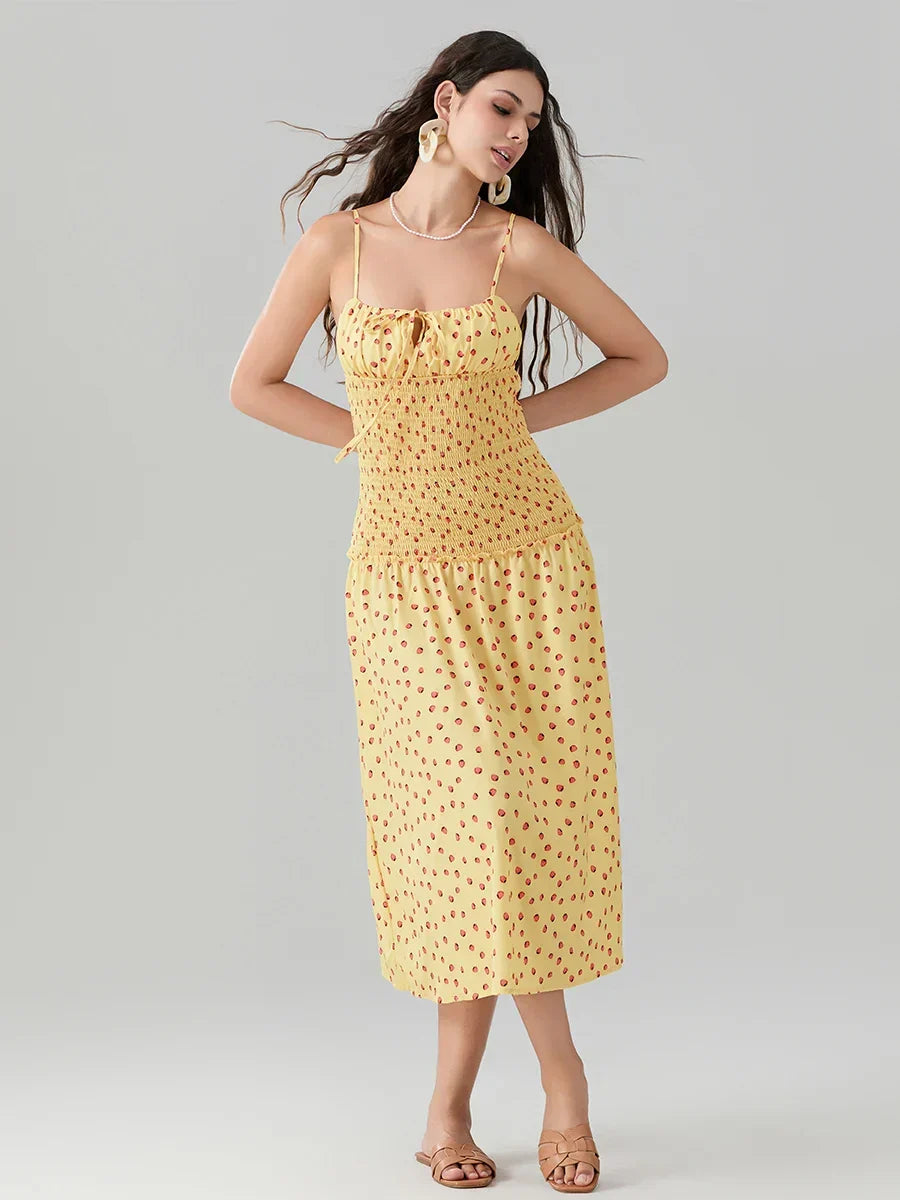 Floral Print Square Neck Smocked Tiered Midi Dress