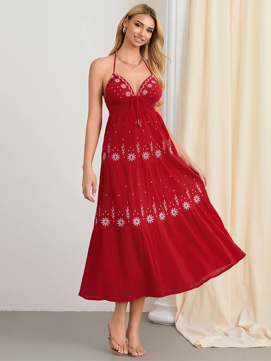 Flower Embroidery Tie-Up Halter Boho Backless A-Line Beach Dress