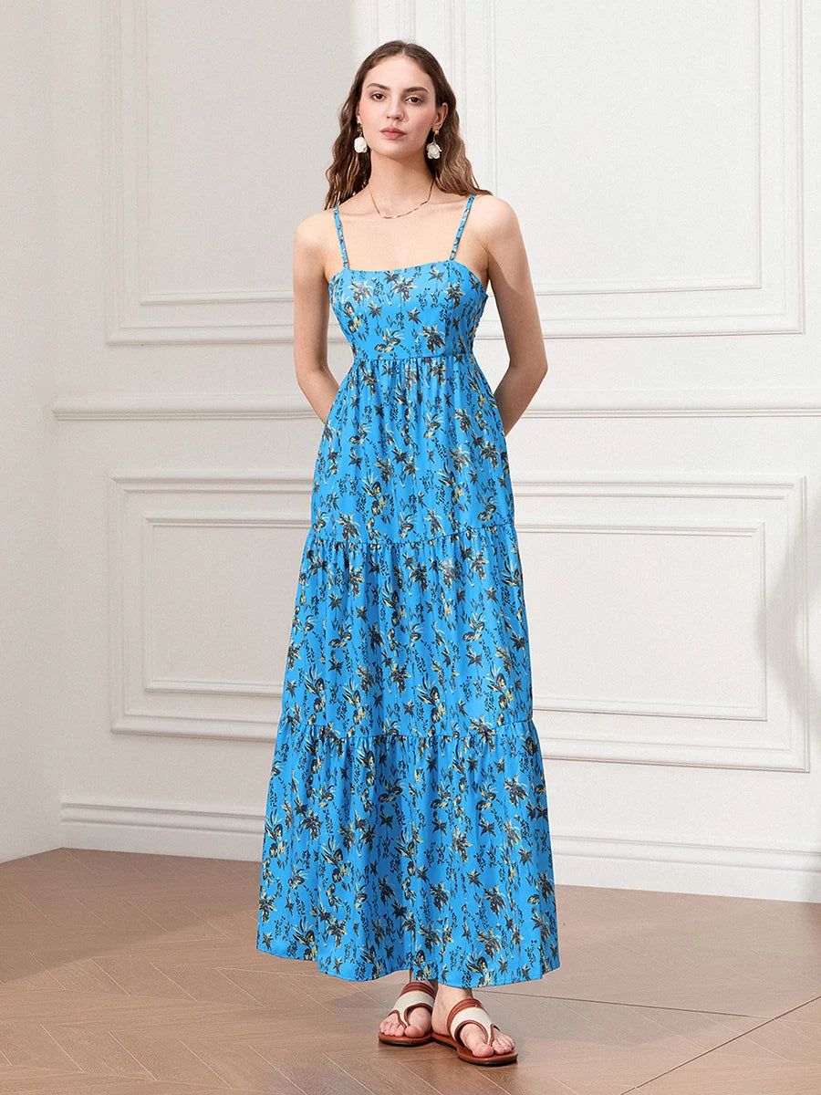 Spaghetti Strap Ruched Backless A-Line Beach Vacation Floral Dress