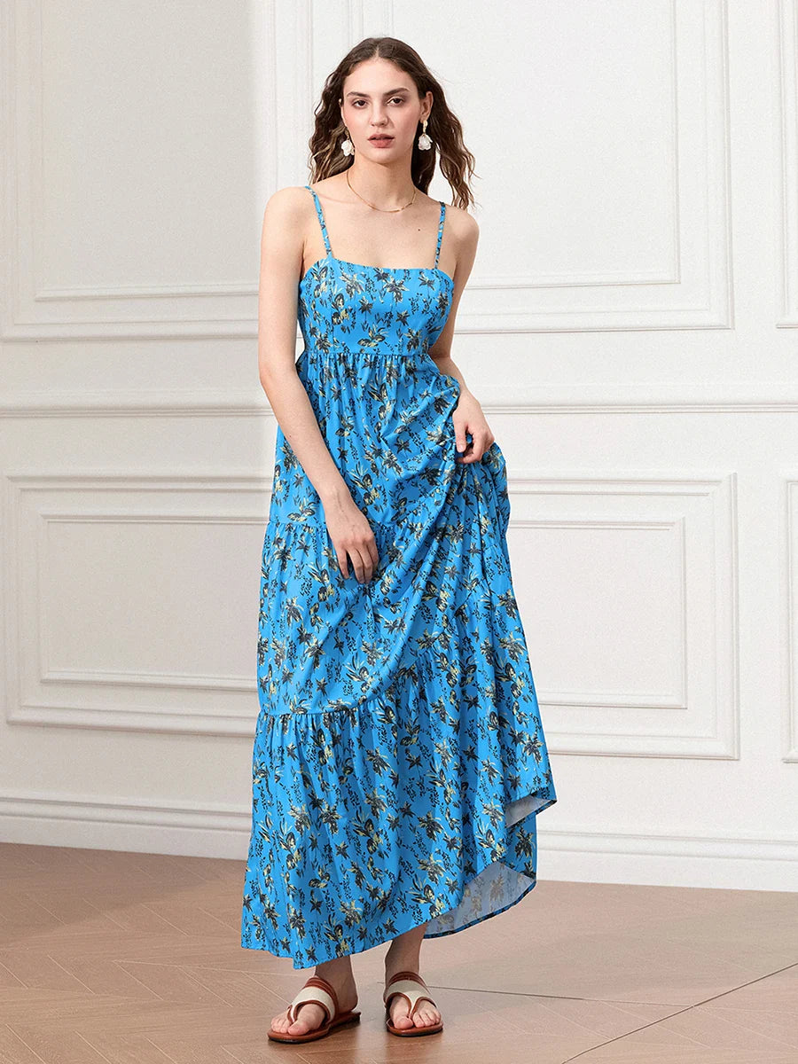 Spaghetti Strap Ruched Backless A-Line Beach Vacation Floral Dress