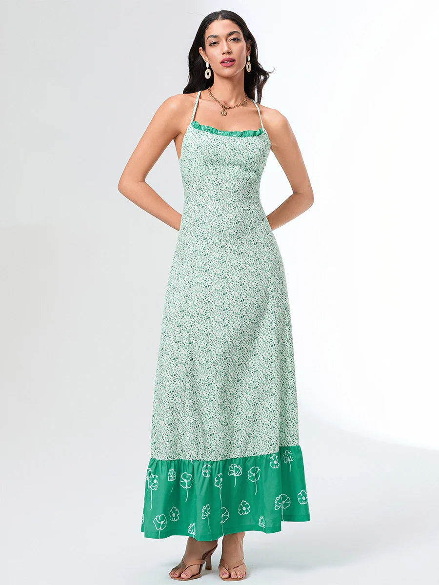Green Floral Tie-up Back Cross Flowy Floral Dress
