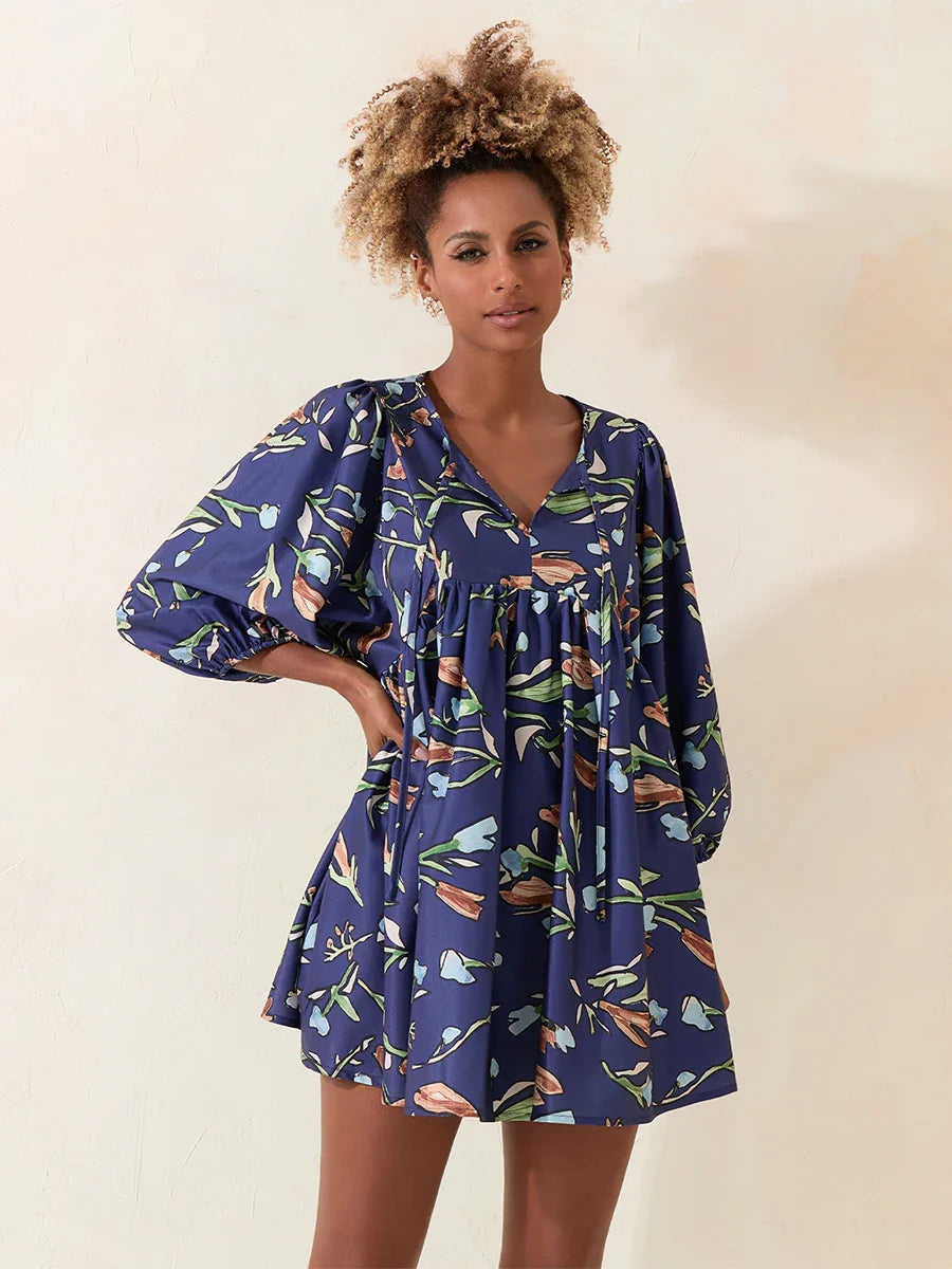 Lantern Sleeve Loose Floral Tied Bodydoll Short Floral Dress